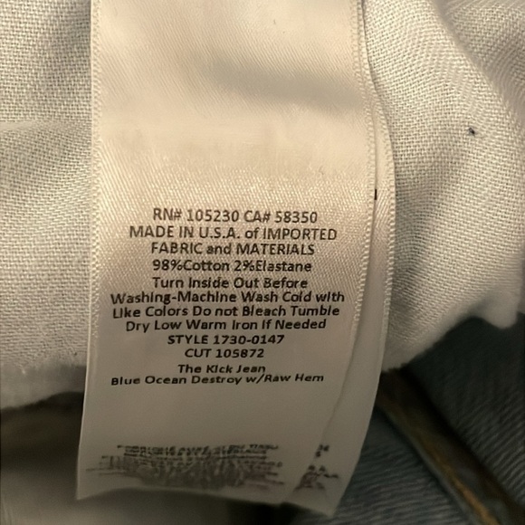 Current Elliott The Kick Jean Blue Ocean Destroy With Raw Hem - Picture 3 of 5